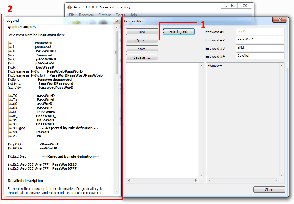 Mutation rules editor with prompts on how to use macros