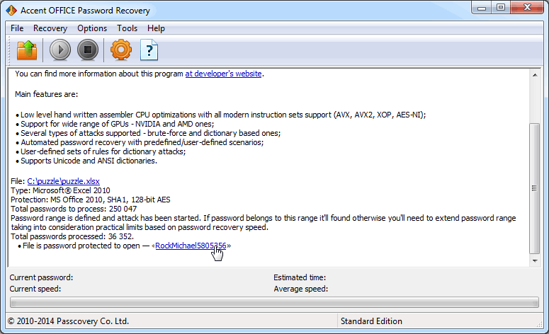 How to recover an 18-character password to an Excel 2010 file within