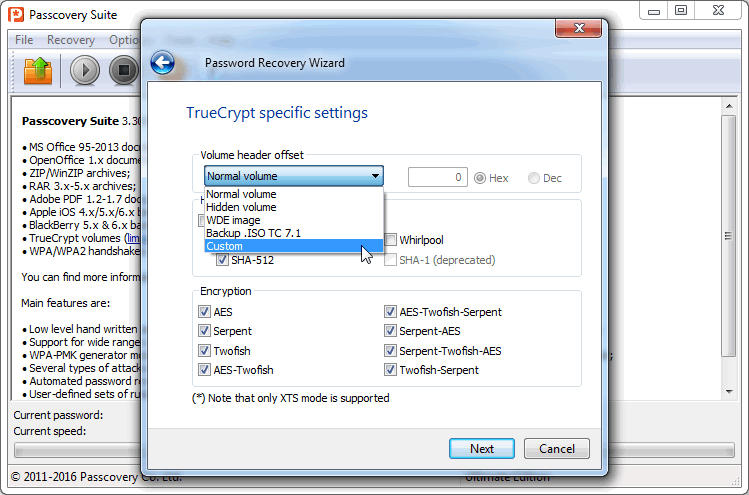 Setting of offsets when breaking TrueCrypt passwords in Passcovery Suite