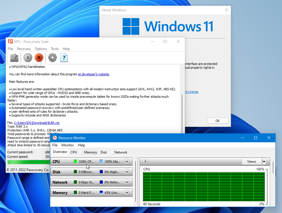 Accent RAR Password Recovery 22.01 stress test on Windows 11