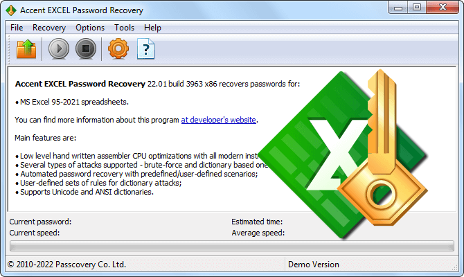 Accent EXCEL Password Recovery recovers and removes Excel passwords