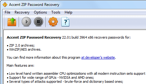 AccentZPR for Recovery of Zip/WinZip Passwords