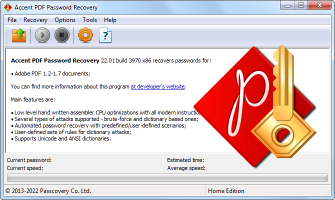Accent PDF Password Recovery recovers and removes PDF passwords