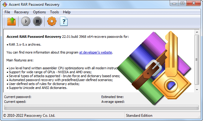 Accent RAR Password Recovery recovers RAR/WinRAR passwords