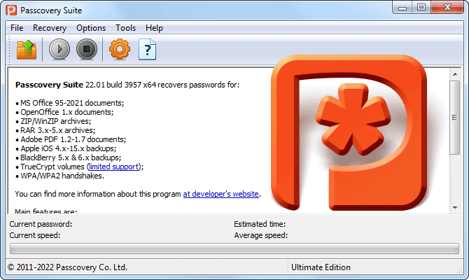 Passcovery Suite original main window and logo 