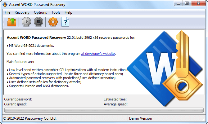 Accent WORD Password Recovery recovers and unlocks Microsoft Word passwords